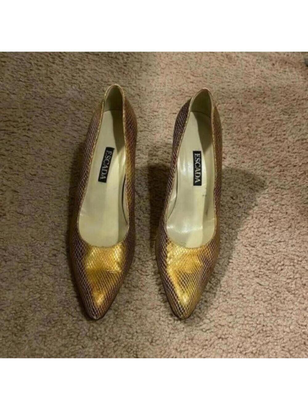 Vintage Escada Gold Metallic Snakeskin High Heel Shoes